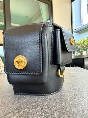 Versace Medusa Leather Arm Bag Pouch Band Black Gold Hardware Authentic Runway